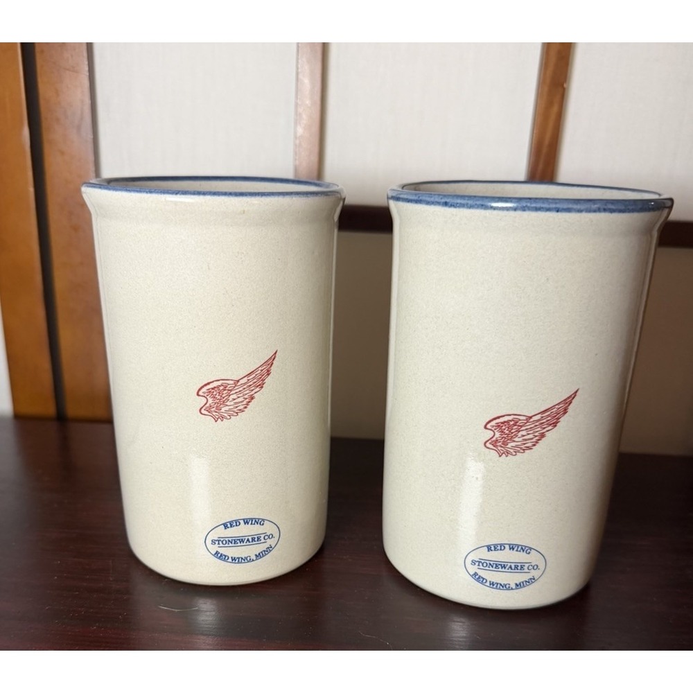 Red Wing Stoneware Co. 16oz Tumbler Set Of 2 Blue Rim Stamped Logo Limited Ed